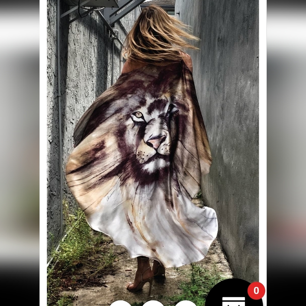 Ramona Larue Riri Lion Maxi  Kaftan One Shoulder Design in Gray &Purple One Size